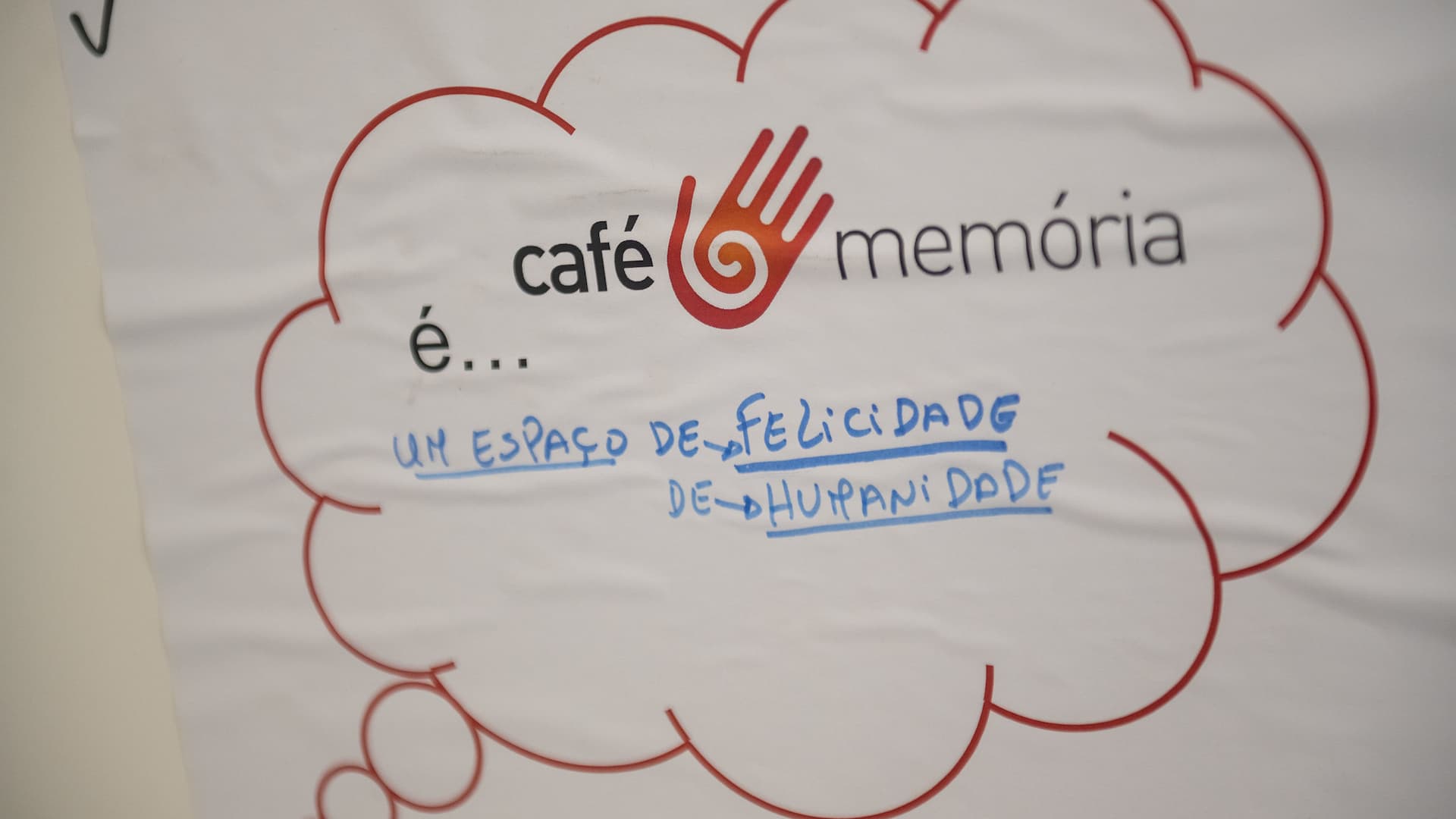 papel com inscrição Café Memória é um espaço de felicidade e humanidade