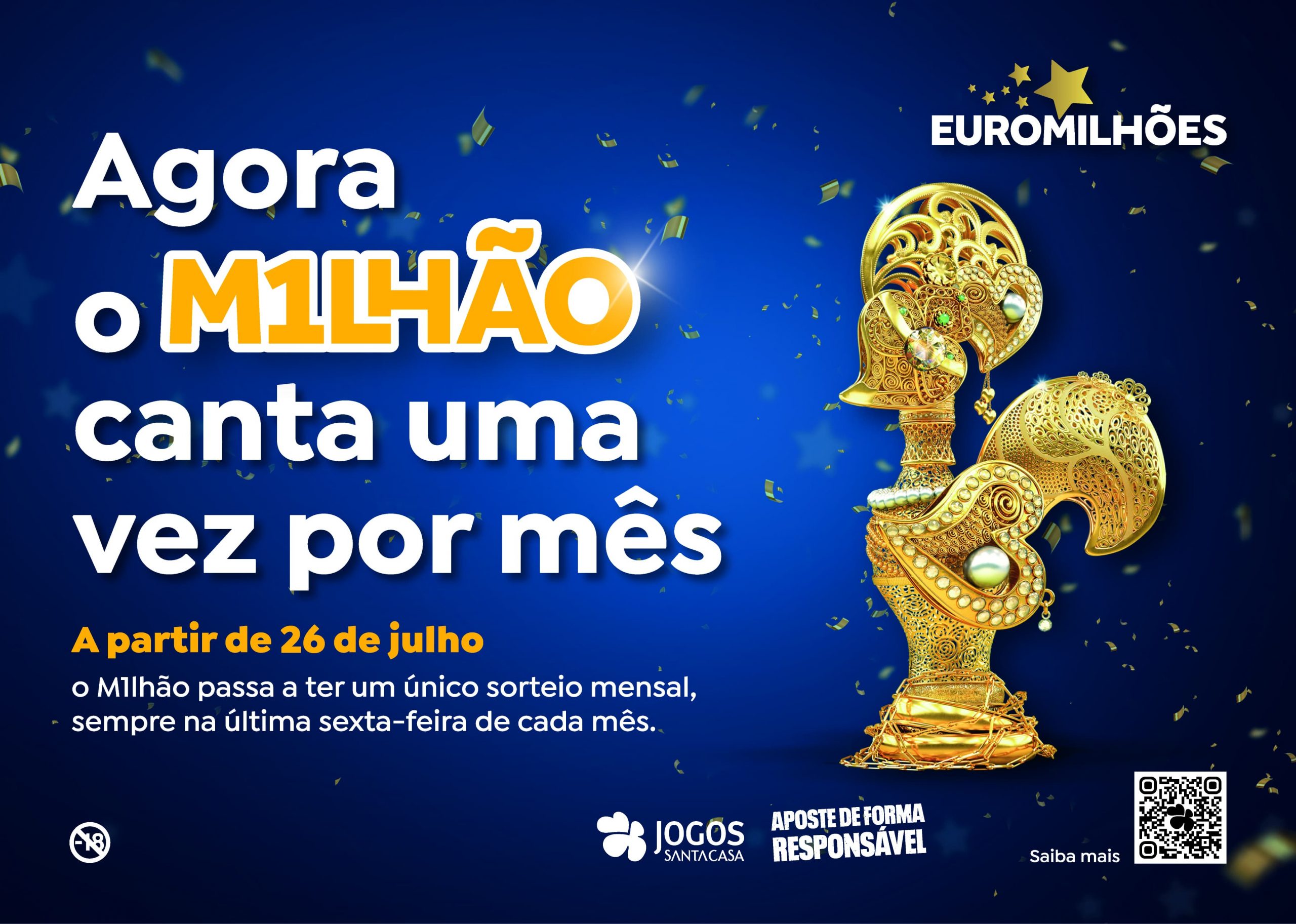 cartaz da campanha do novo formato do M1LHÃO, com galo dourado e slogan "Agora o M1LHÃO canta uma vez por mês"