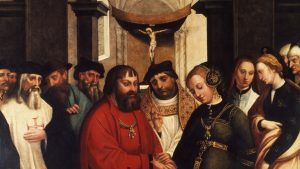 quadro com dez figuras referente ao casamento de d. Manuel I