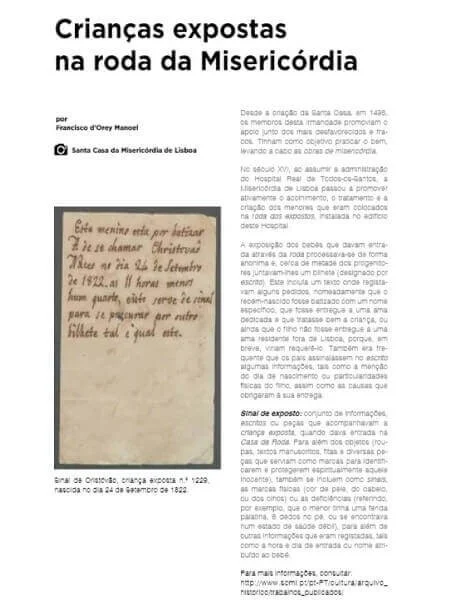 Page from Revista Bica of the article "Crianças expostas na roda da Misericórdia"