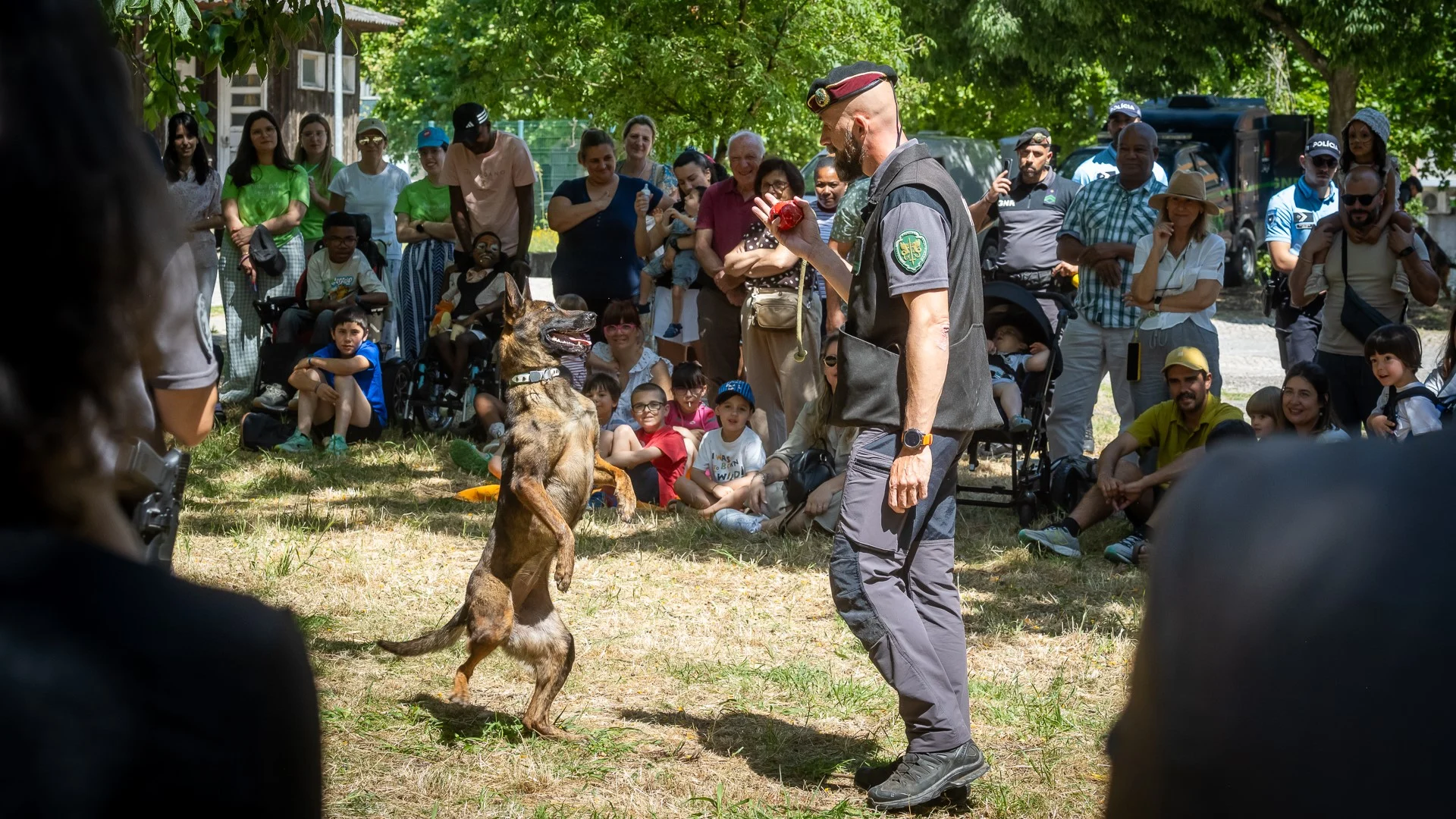 Criança em cima de um cavalo, acompanhada por um adulto, dá um ‘high five’ a um oficial da gnr nos jogos adaptados